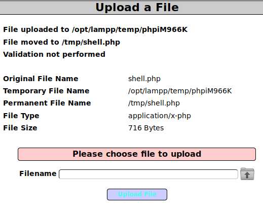 Upload del file shell.php avvenuto