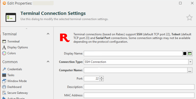 SSH Settings for the connection with the target host